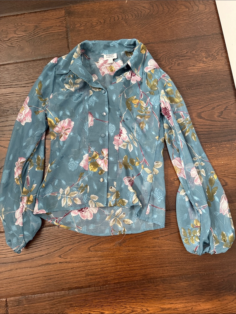 Sheer Dusty Teal Floral Button-Down Blouse